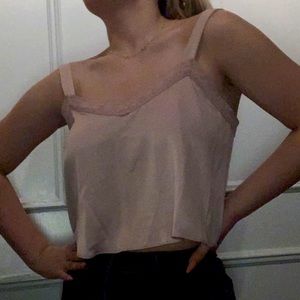 cropped pink satin tank with lace trim🤎